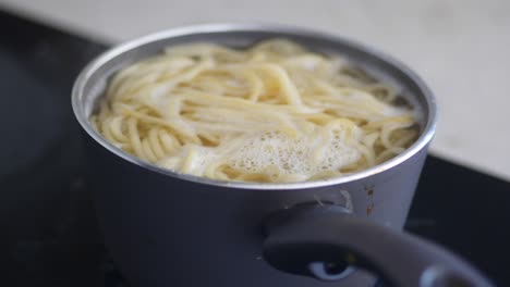 spaghetti cooking in a pot