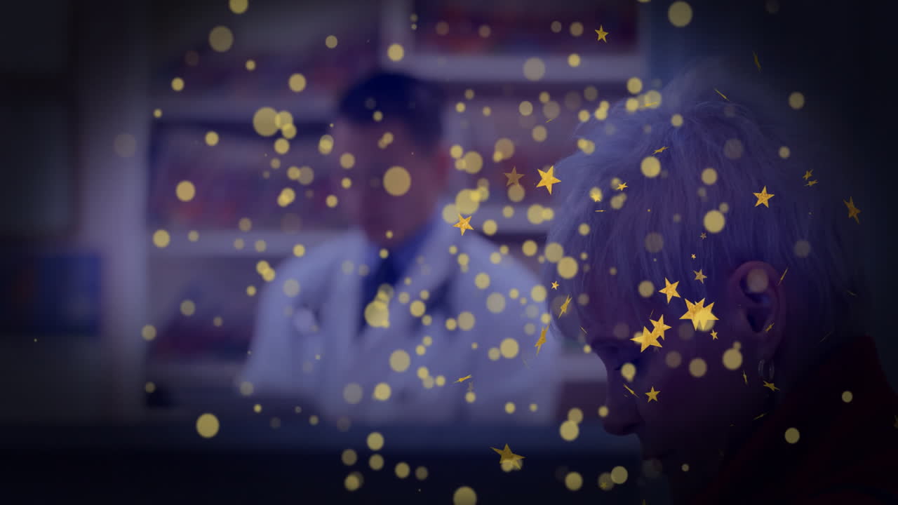 Senior patient sitting in medical office, doctor holding stethoscope with floating bokeh lights