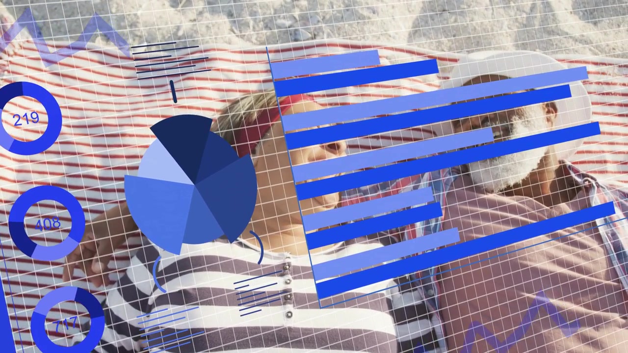 Senior couple lying on beach towel, animated overlay moving, revealing faces, showing health charts