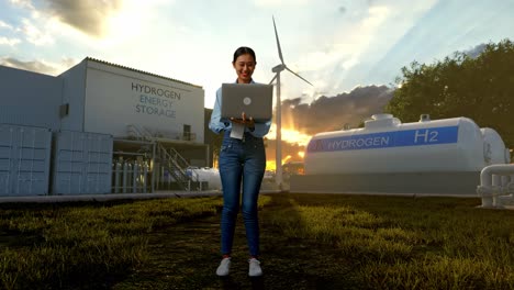 instalación de almacenamiento de energía de hidrógeno con una mujer trabajando en una computadora portátil