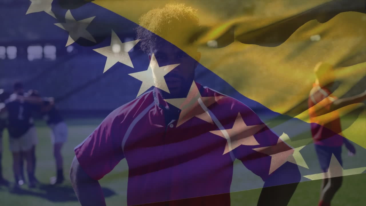 Playing rugby, athlete on field with Bosnia and Herzegovina flag animation