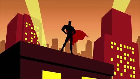 looping superhero silhouette with waving cape on a rooftop in a city animation video