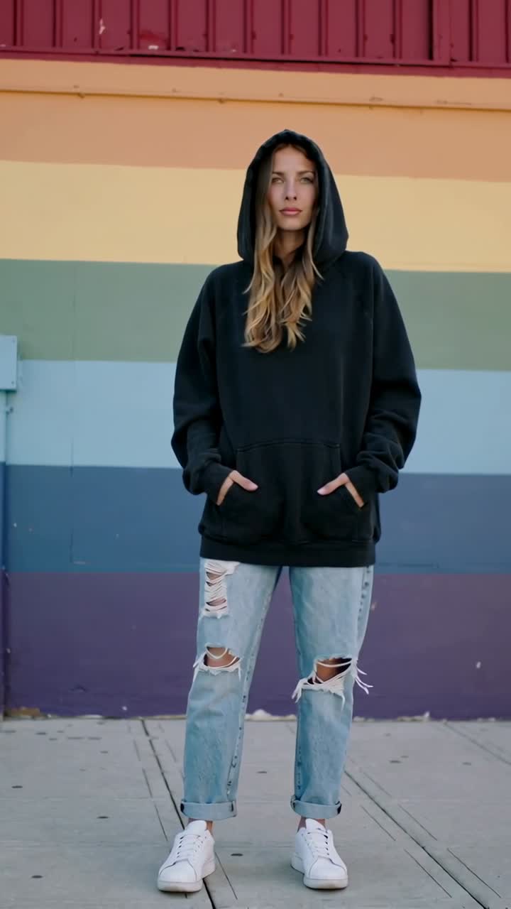 Giovane donna in posa con felpa con cappuccio e jeans strappati contro un muro colorato