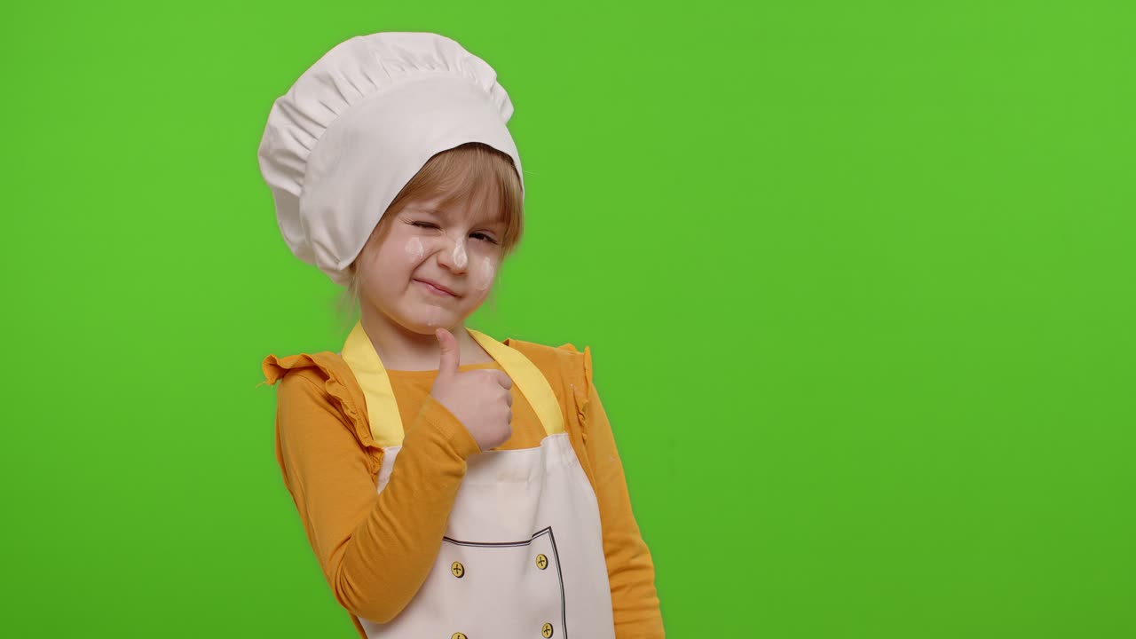 Bambina vestita da chef e pasticcera, con grembiule e cappello, che mostra il pollice in su e si diverte su sfondo chroma key.