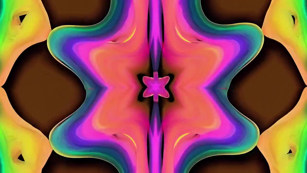 Abstraktní kaleidoskopická animace s živými tekutými barvami