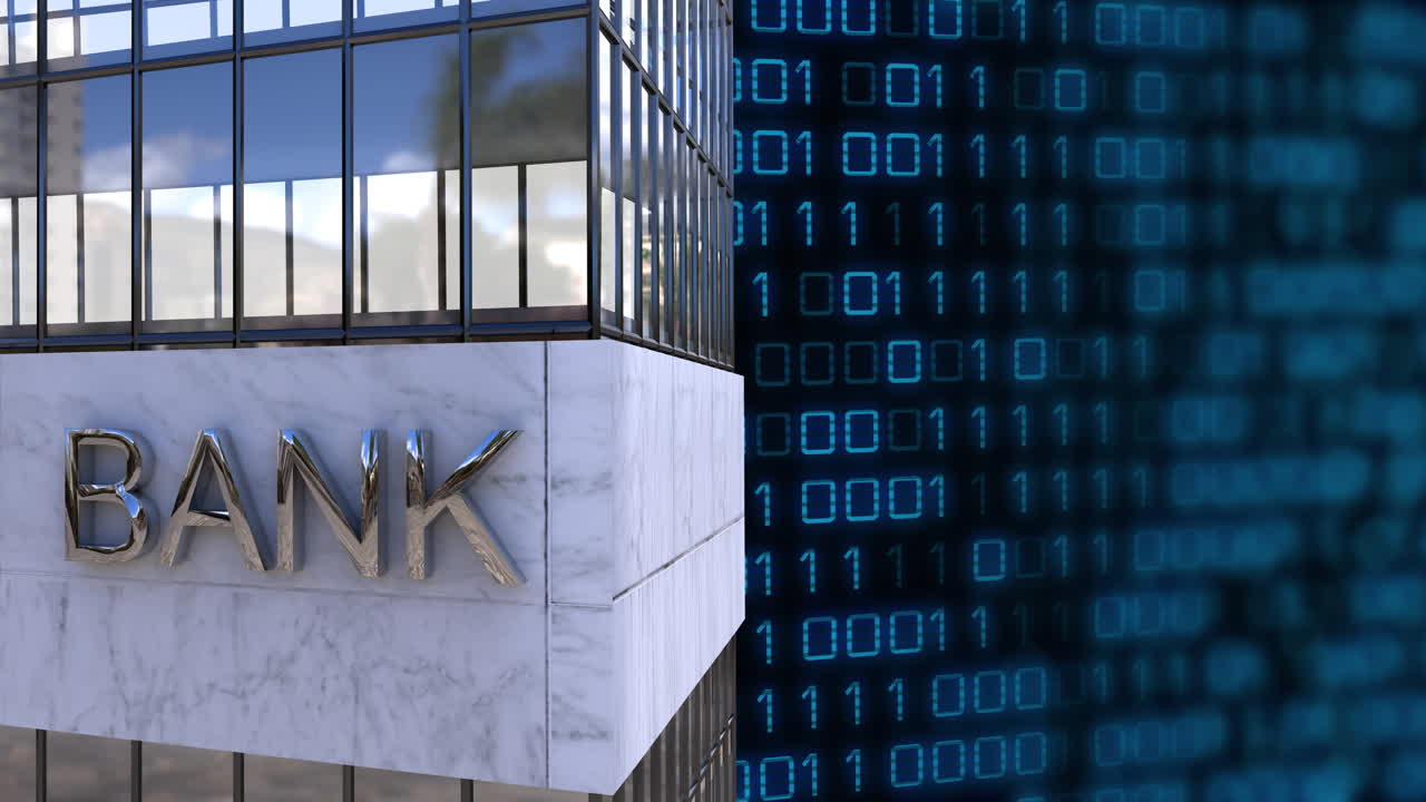 анимация двоичного кодирования, обработка финансовых данных над зданием банка