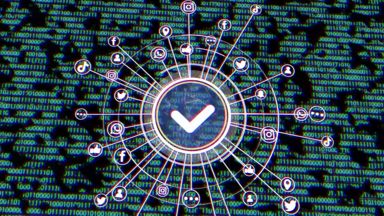 подключение к социальным сетям на фоне матрицы двоичного кода. визуализация данных. эффект сбоев. цифровая технология. 4k