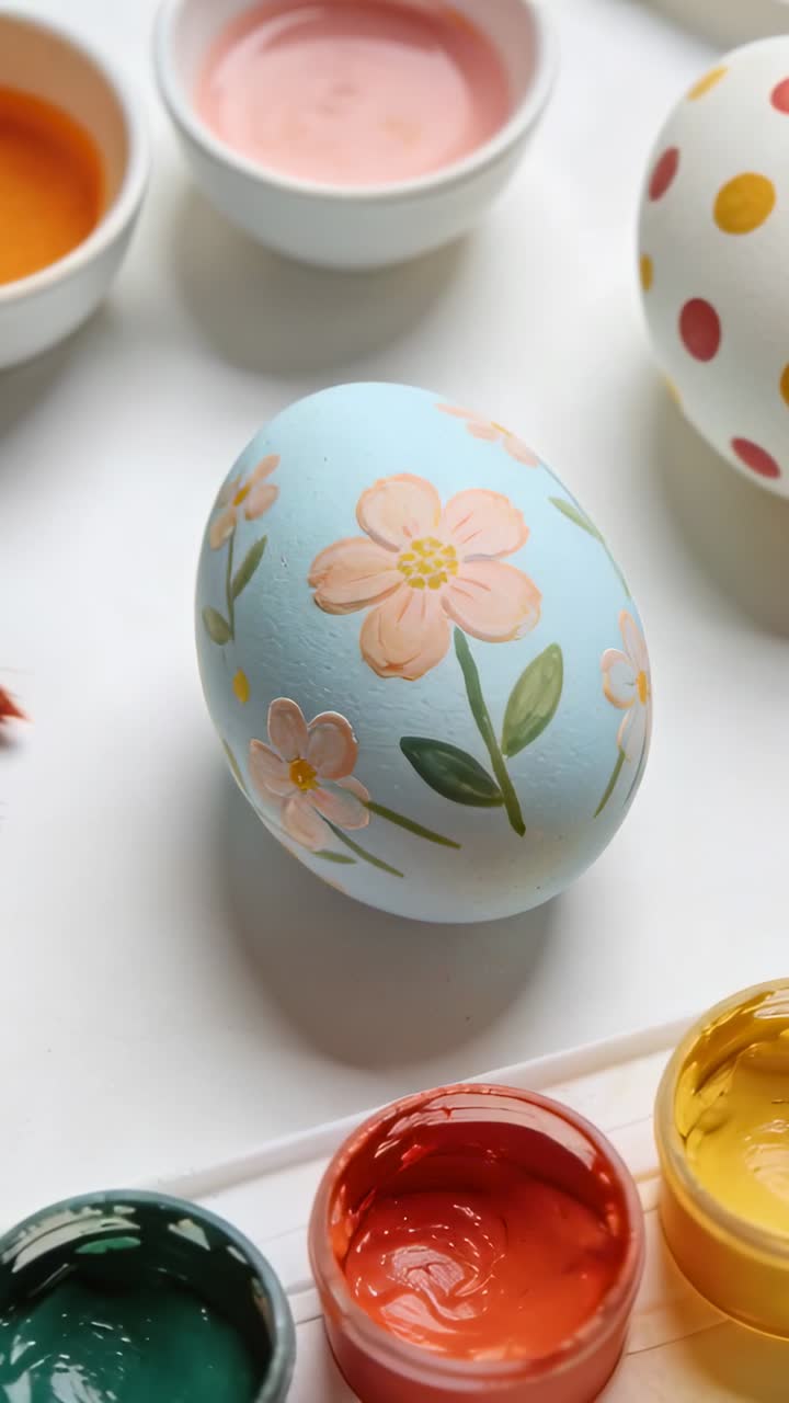 Vertical video: Panning camera showing rotating pale blue floral egg on tray, revealing paint jars