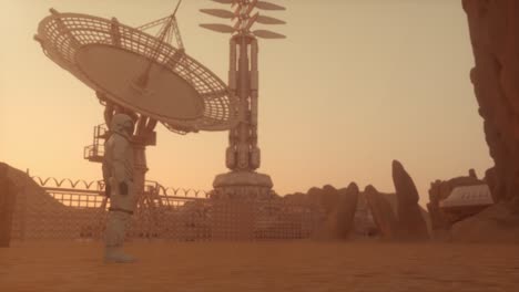 astronauta solo en el planeta marte, mirando a la base en el paisaje desértico