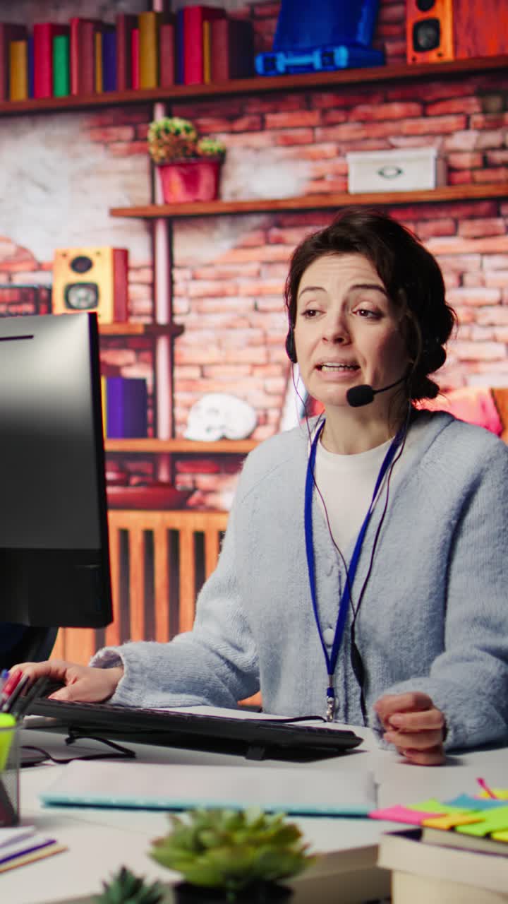 Vertical video Customer support workers doing upselling, recommending products