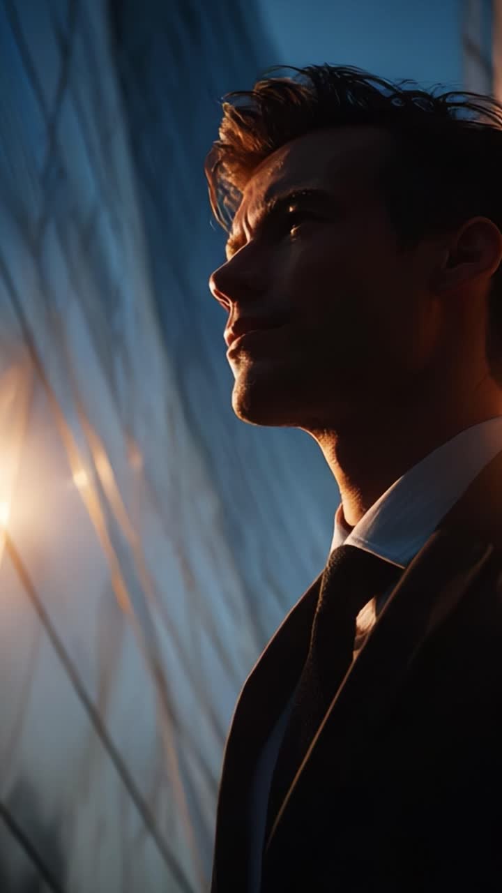 A Thoughtful Portrait at Dusk: A Male Figure Stands Silhouetted Against a Reflective Building Surface, an Intriguing Mix of Light and Shadow Creating a Captivating Visual Contrast, Embodying Resilience and Determination