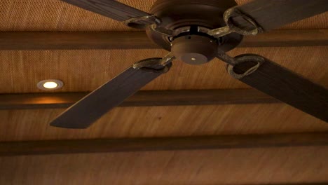 a ceiling fan rotates steadily in a warmly lit wooden room, creating a calming atmosphere