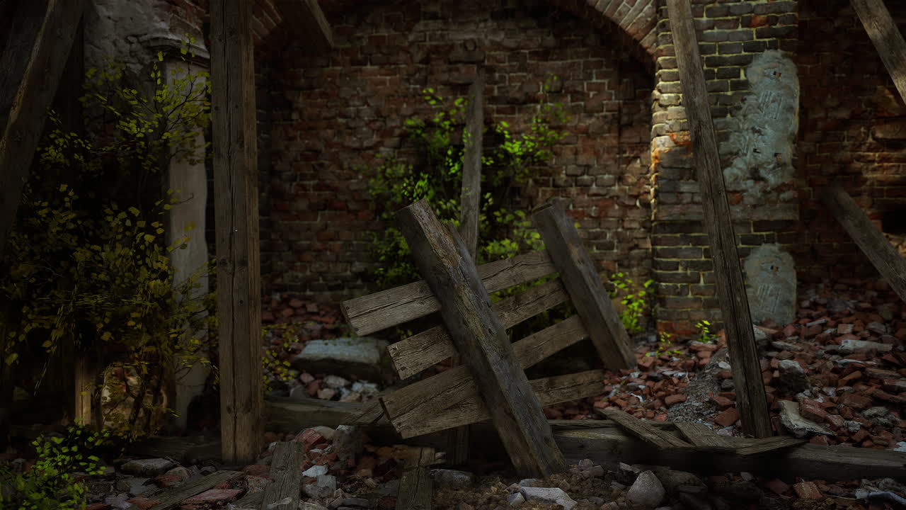 Ruins of an old building with vegetation and wooden beams on the ground