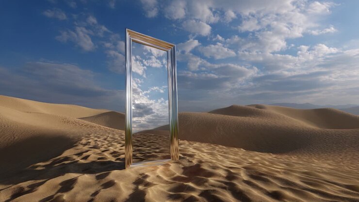 A Mysterious Mirror in an Expansive Desert Landscape: Reflections of Sky and Sand in an Enchanting Setting of Nature’s Beauty and Solitude
