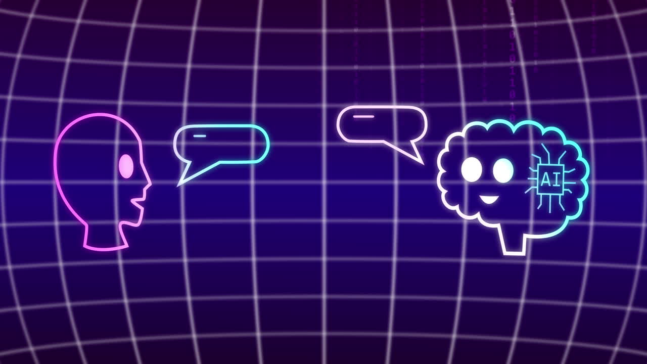 Animation of ai text, icons and data processing over purple background