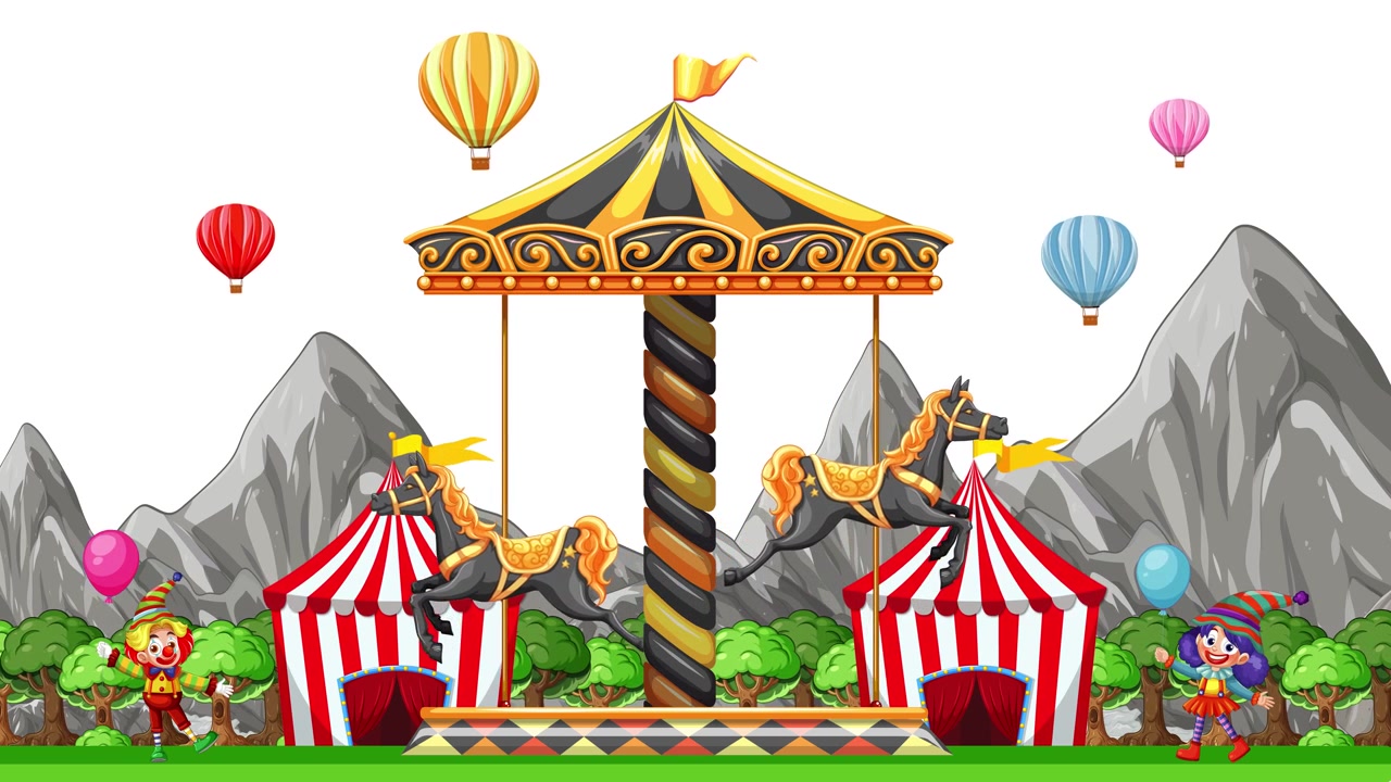 A colorful 2D animation of a spinning carousel, circus tents, and floating hot air balloons