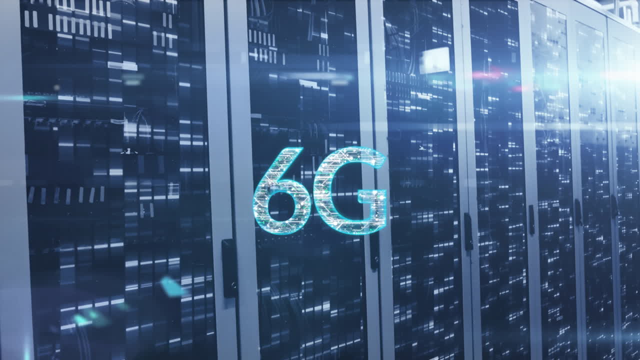 animazione di punti collegati in testo 6g con flares di lenti su barre su rack di server di dati