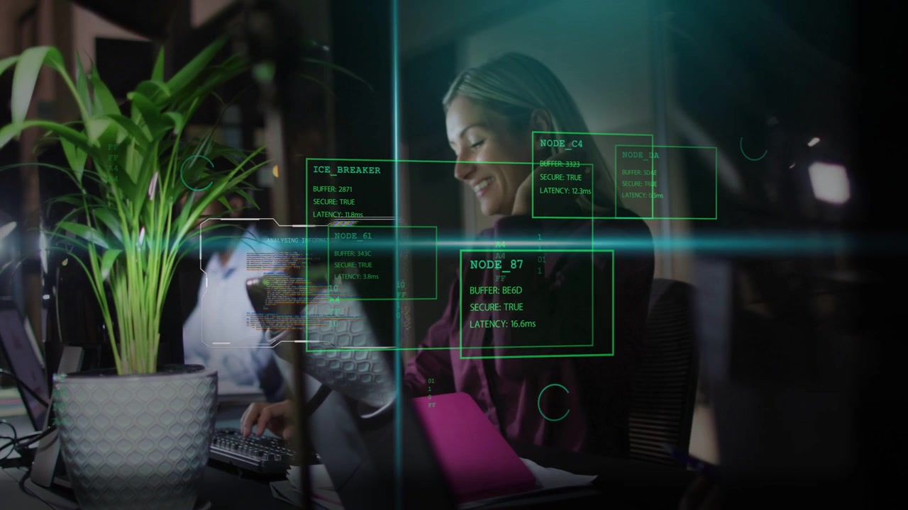 Woman in tech after alert, tapping phone, typing and confirming success while green HUD centering