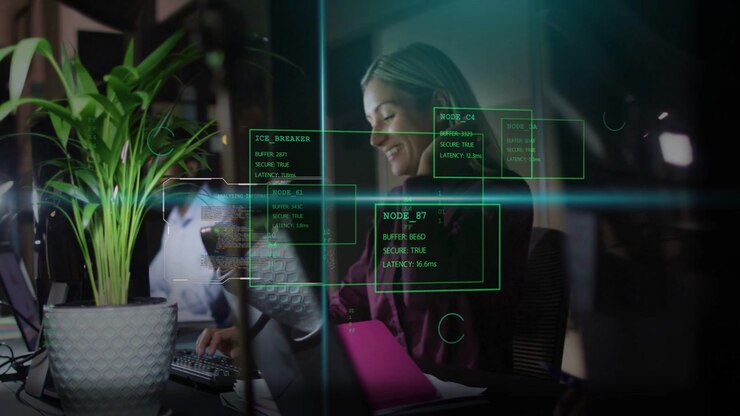 Woman in tech after alert, tapping phone, typing and confirming success while green HUD centering