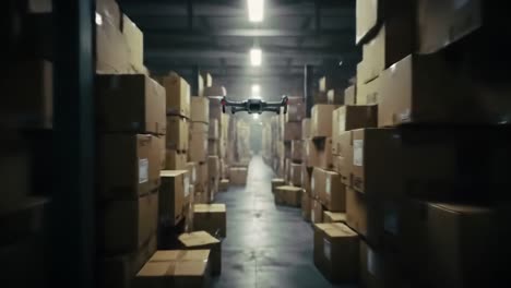 exploring an industrial warehouse: a drone navigates through towers of cardboard boxes in a dimly lit storage environment