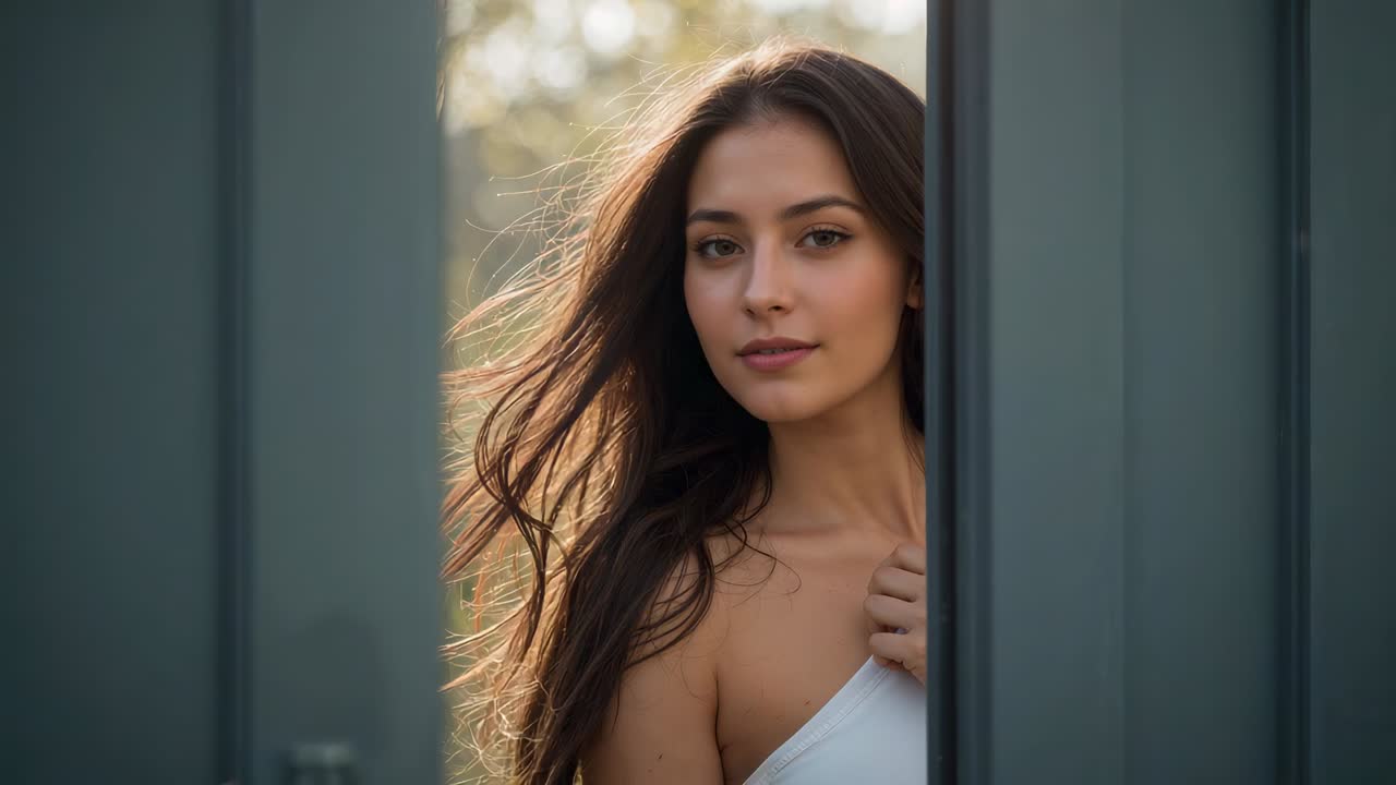 Peeking woman posing, wearing white strap top, holding gate edge, closing and opening eyes