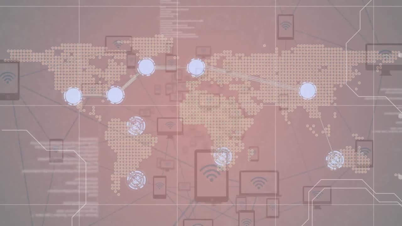 animación del mapa del mundo y la red de conexiones con procesamiento de datos, sobre un fondo naranja pálido