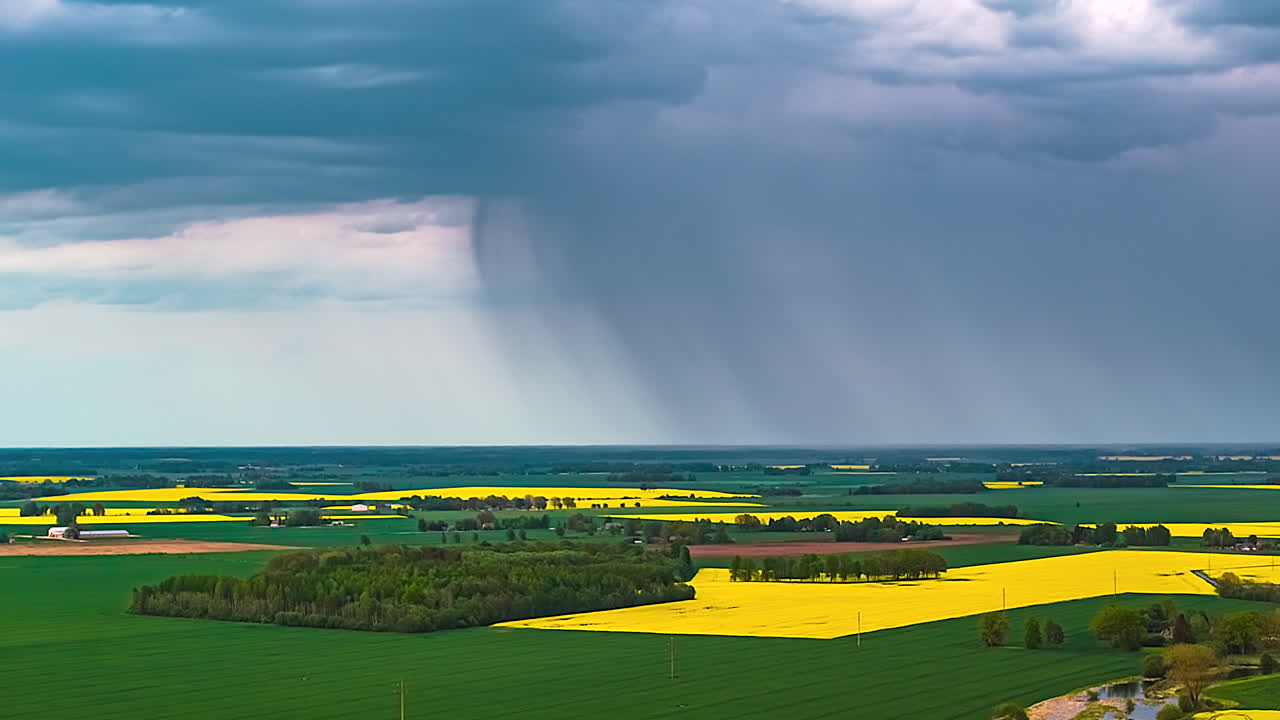 Rain showers and dramatic cloudscape over farmland fields of crops and rapeseed in Latvia, Europe - high altitude aerial time lapse
