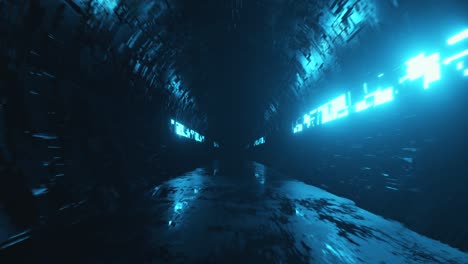 vuelo sin fin en un corredor metálico futurista con iluminación de neón. tecnología y concepto futuro. bucle sin costuras 3d render. espectro de luz azul moderno