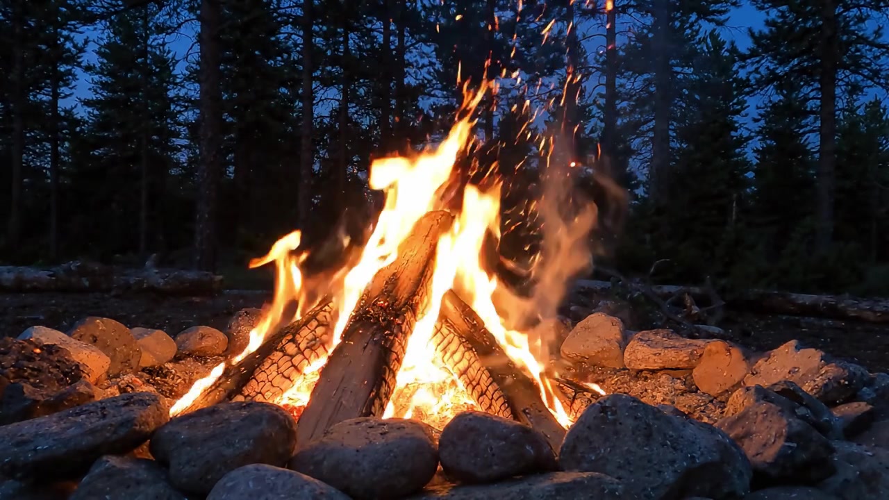 Resplandor Encantador de una Fogata: Una Escena Vespertina Tranquila con un Fuego Crepitante Rodeado por la Belleza de la Naturaleza y un Sereno Telón de Fondo Forestal.