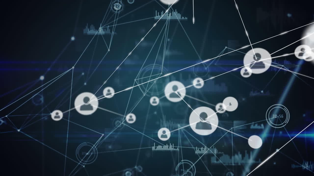 프로필 아이콘 네트워크의 애니메이션 및 파란색 배경에 대한 빛 트레일에 대한 데이터 처리