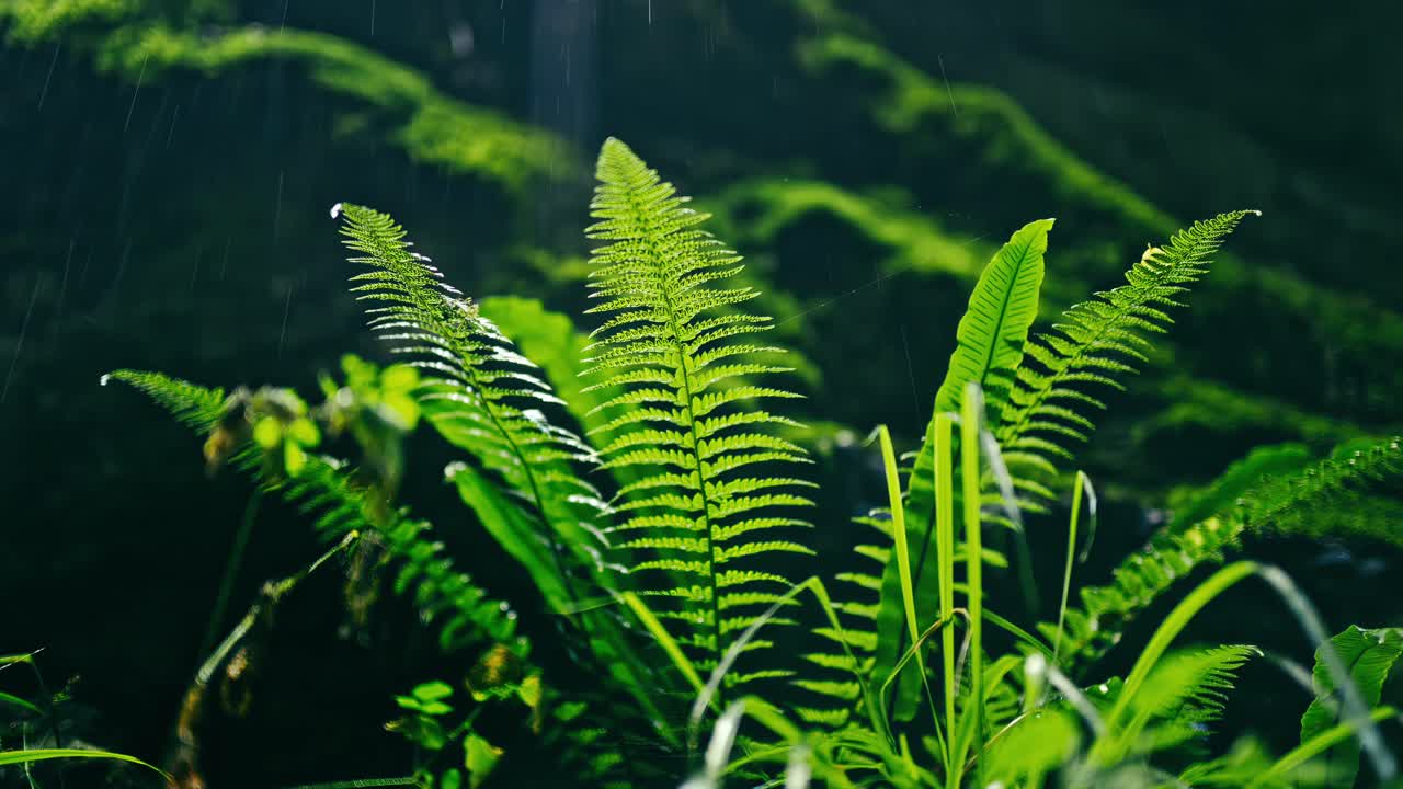 활기찬 초록색 나무가 비가 내리면서 부드럽게 흔들리며 번성하는 숲에서 삶의 본질을 포착합니다.