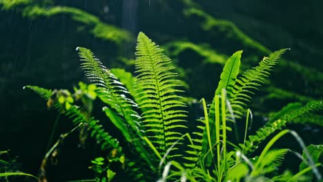 un primer plano de helechos verdes vibrantes balanceándose suavemente en la lluvia, capturando la esencia de la vida en un bosque próspero