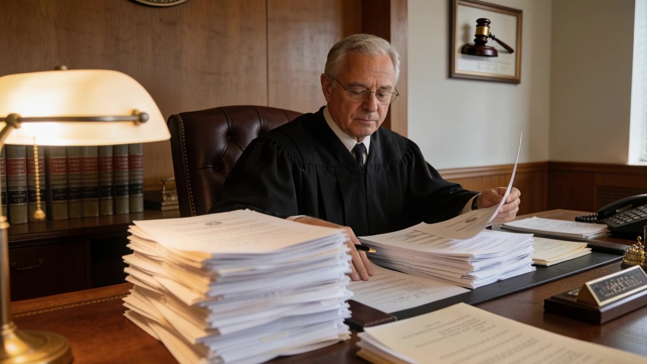 Pausing senior judge in black robe at desk reaching pile, pulling document, checking pages for case