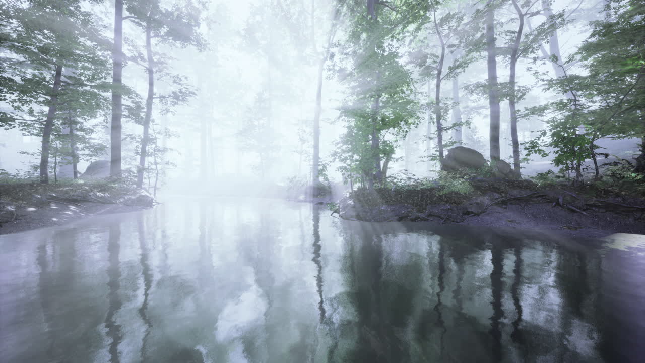새벽 에 나무 를 반영 하는 조용 한 물 이 있는 안개 숲