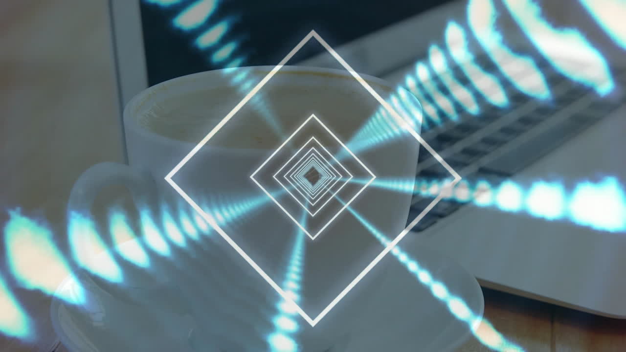 White ceramic cup-and-saucer sitting on wooden desk beside laptop, glowing overlay in flat design