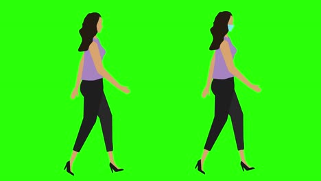 women walking cycle seamless loop , face mask version, green screen chroma key animation, flat design