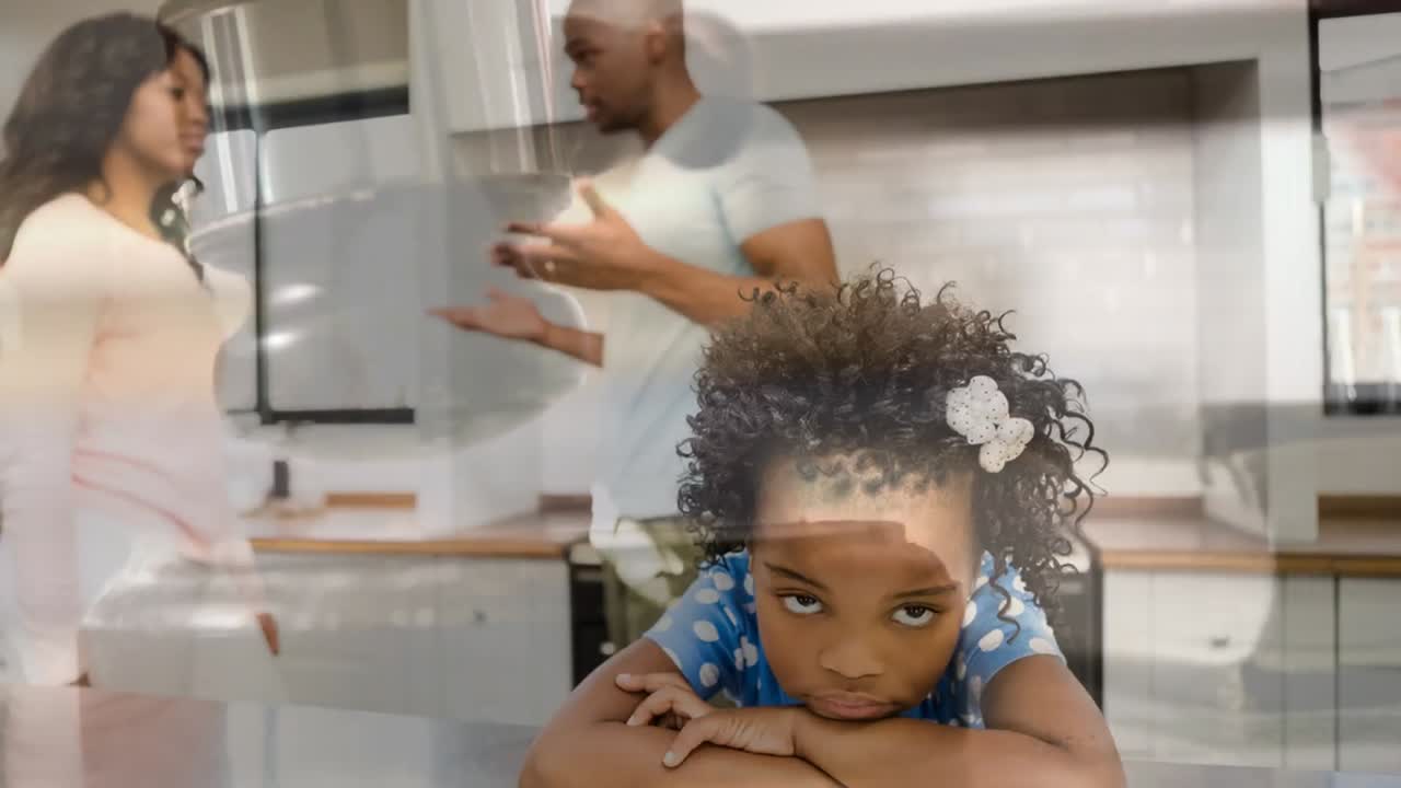 Conceptual digital animation of kid suffering while parents having a fight 4k