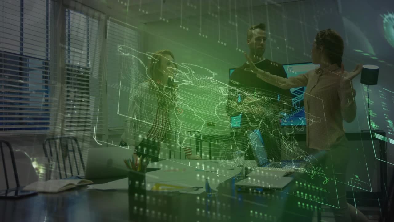 Right rep stepping closer pointing biz team closing gaps at table studying laptop holo map deciding