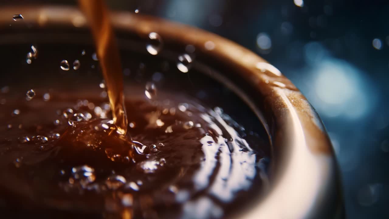 Nærbilleder af flydende væske, der hældes i en skål, hvilket fremhæver glimtet af dråber og krusninger i den rige, brune væske, og fanger dynamisk bevægelse og tekstur