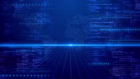 video footage coding data streams futuristic digital floor grid glowing dots forming world map
