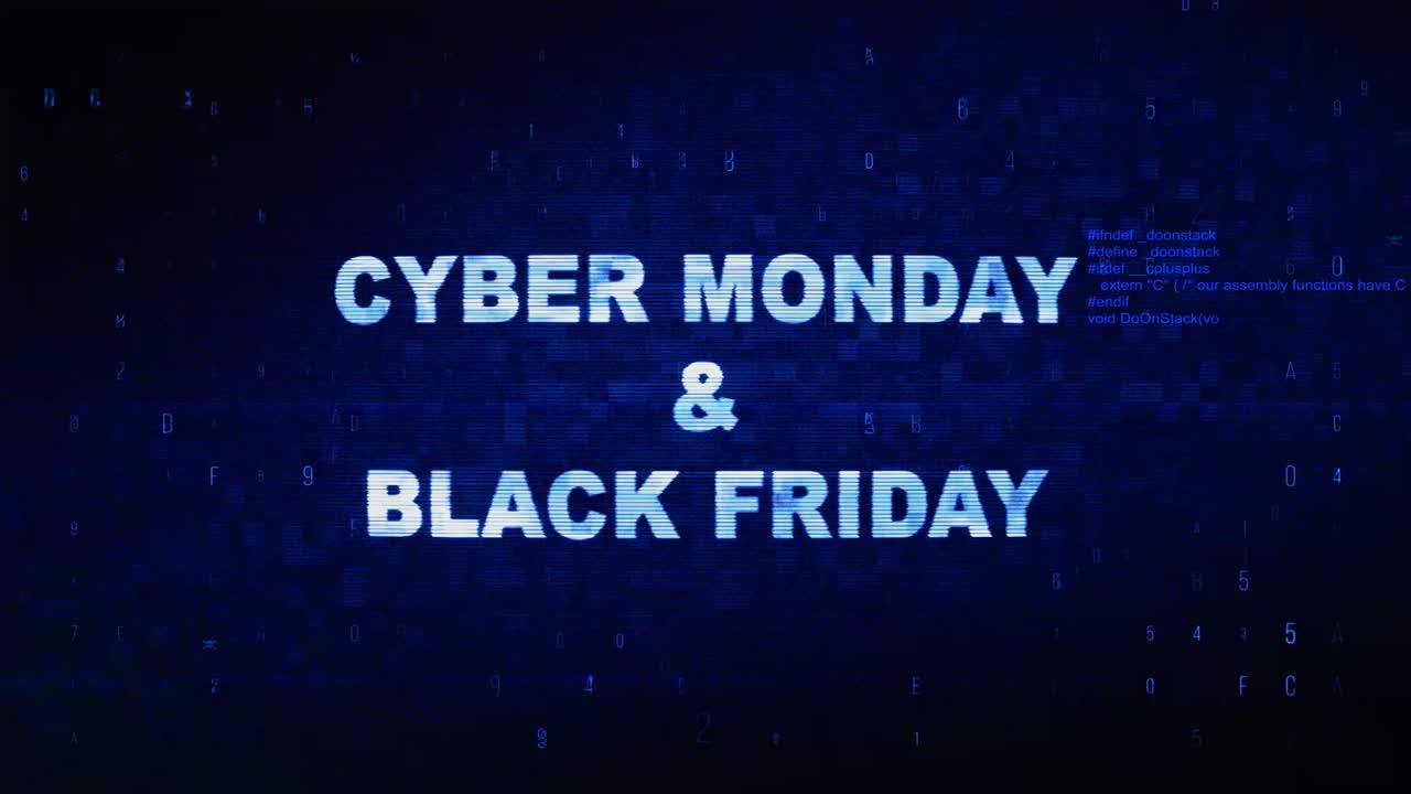 Cyber monday black friday text digital noise twitch and glitch effect tv screen loop animation