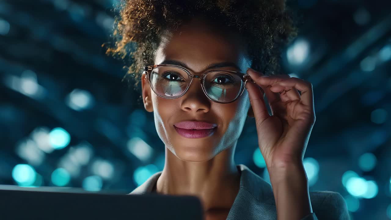Donna concentrata con gli occhiali che utilizza la tecnologia in uno spazio di lavoro moderno con uno sfondo vivace che mette in risalto la sua professionalità e determinazione mentre lavora su un laptop