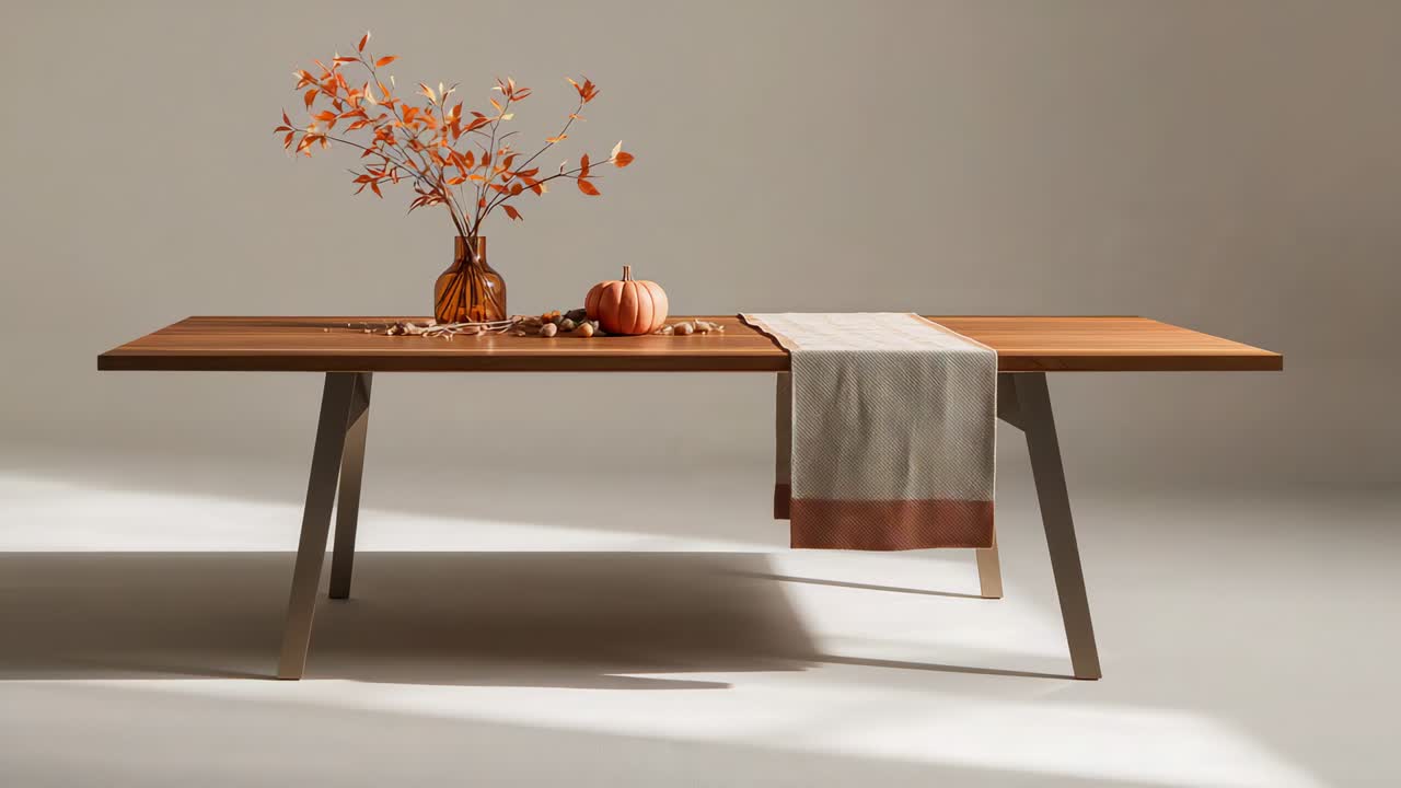 Shifting studio light revealing wood table with amber vase, pumpkin, runner, showing decor