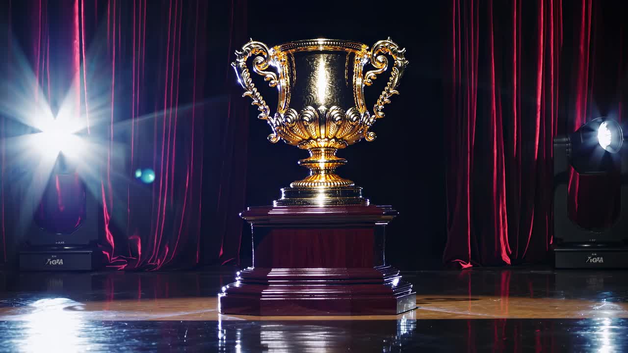 Low-angle shot of a golden trophy on a pedestal, spotlighted against red curtains
