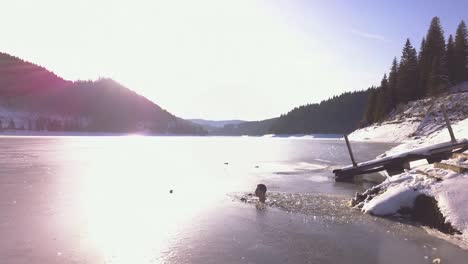 Un-Hombre-Sumergido-En-El-Lago-Helado-En-Transilvania-En-Un-Día-De-Invierno---Tiro-Ancho