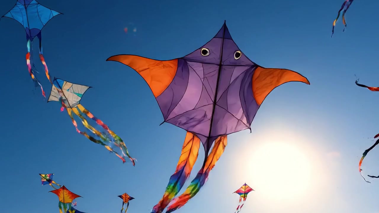Un espectacular despliegue de cometas coloridas bailando bajo el brillante cielo azul con el sol radiante brillando intensamente, celebrando la libertad y la alegría