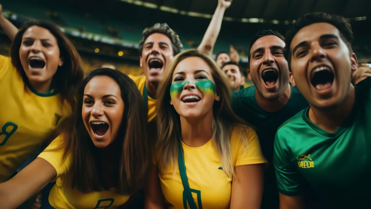Dynamic video captures excited fans in vibrant jerseys at eye level, celebrating in a stadium