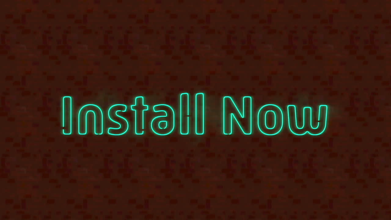Animation of blue neon text, install now, on brown background