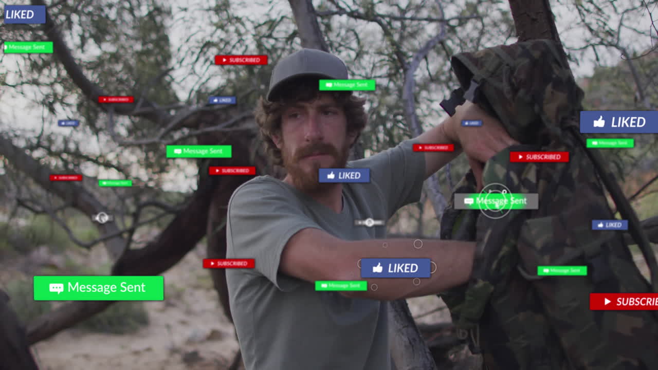 Man adjusting camouflage backpack outdoors, showcasing floating social media notifications and bars