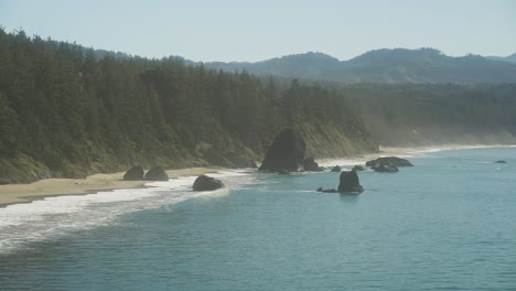 rock seastacks landmark of port orford bay with pine tree forest at coast